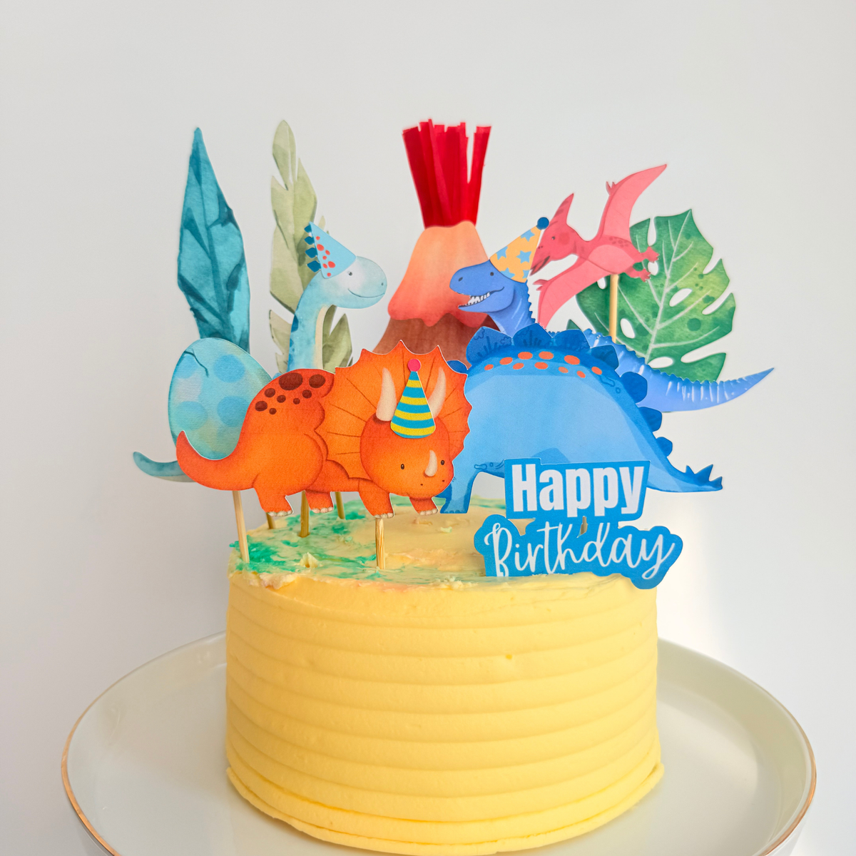 Blue green Volcano and Dinosaurs Cake Toppers Birthday Party Decor Handmade cake Picks product photo 2