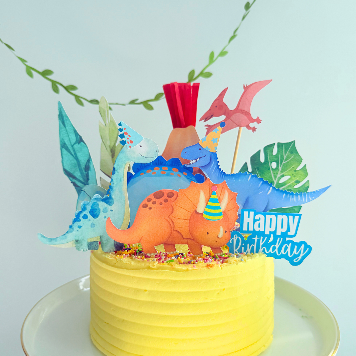 Blue green Volcano and Dinosaurs Cake Toppers Birthday Party Decor Handmade cake Picks product photo 3