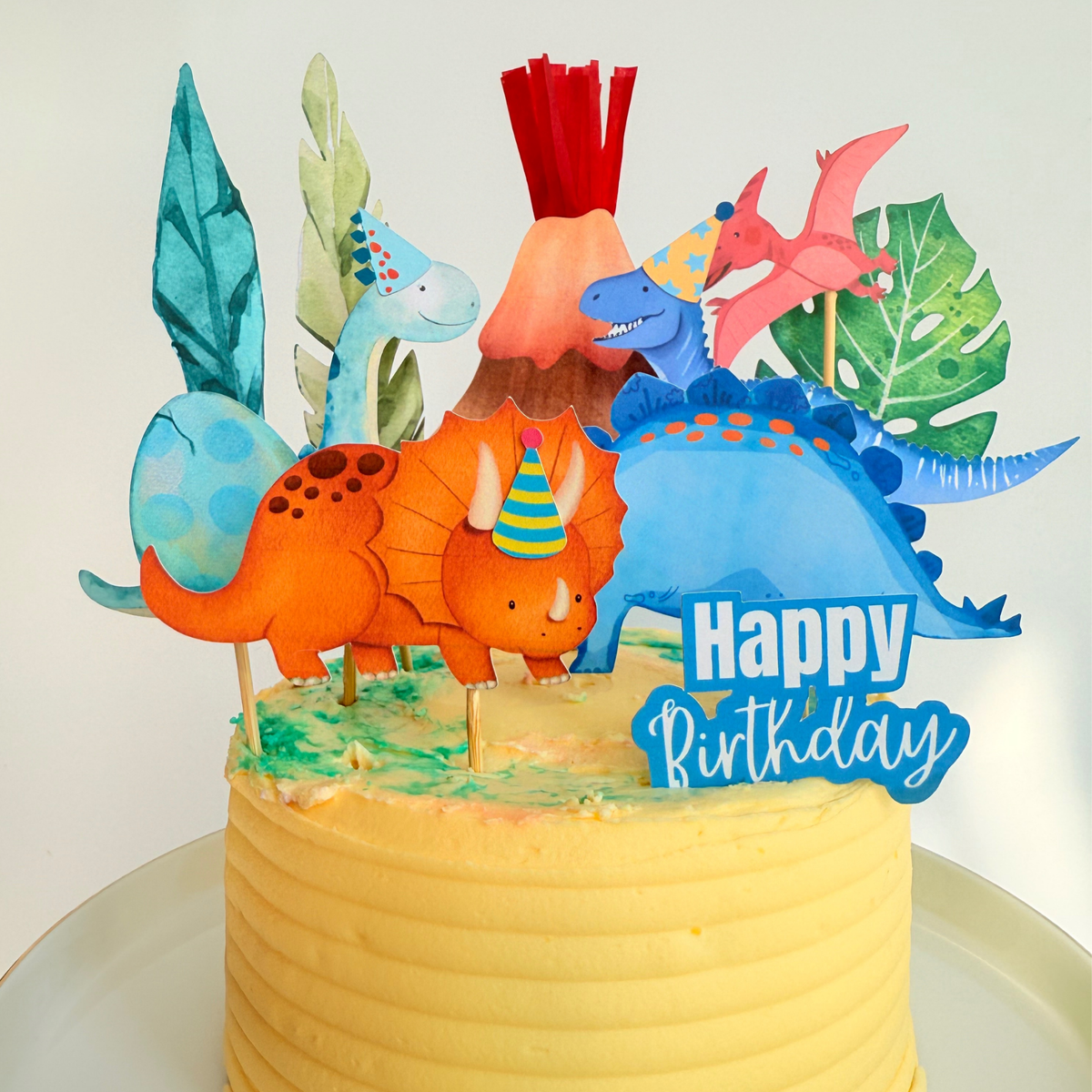 Blue green Volcano and Dinosaurs Cake Toppers Birthday Party Decor Handmade cake Picks product photo 4