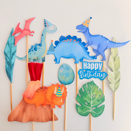 Blue green Volcano and Dinosaurs Cake Toppers Birthday Party Decor Handmade cake Picks product photo