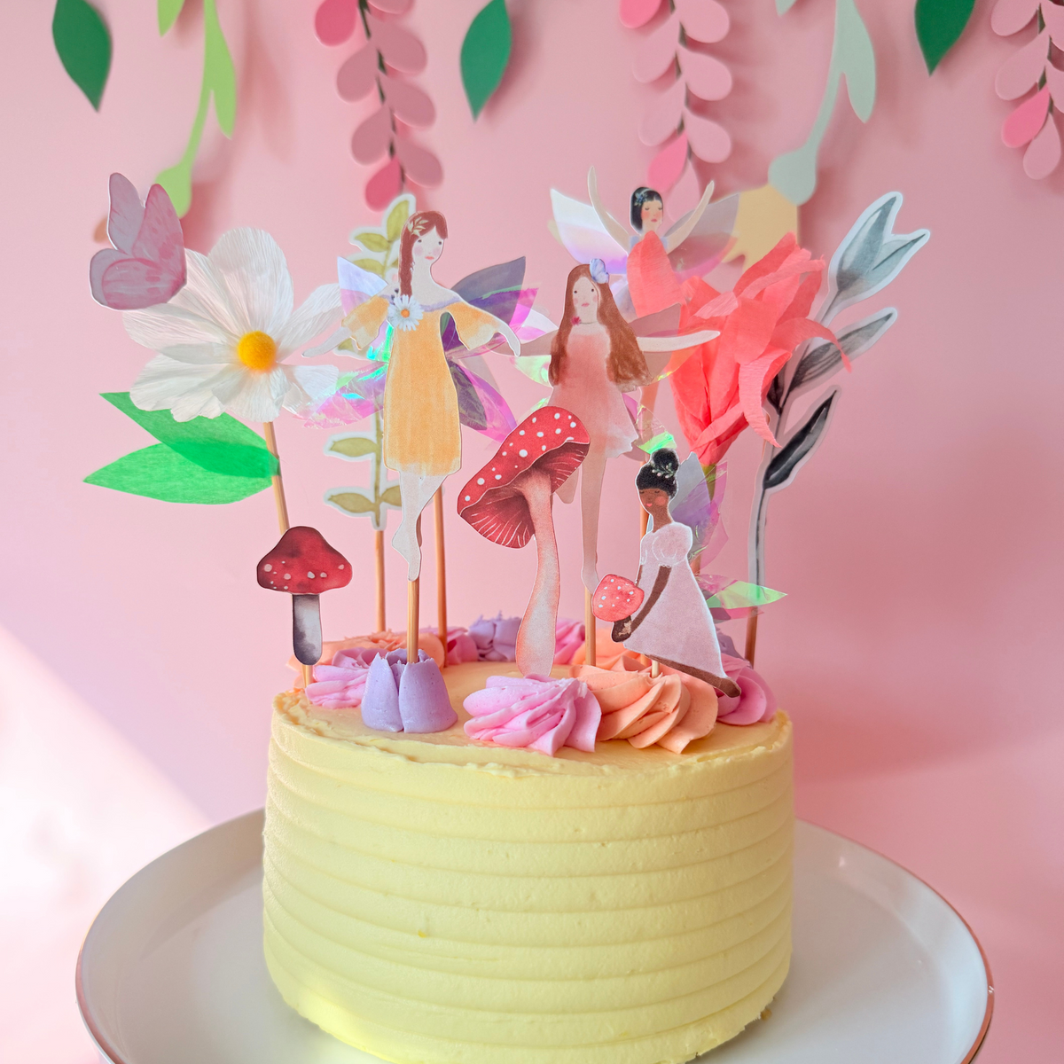 11pcs Whimsical iridescent Fairy Garden Cake Topper Set – Handmade with lifestyle photo