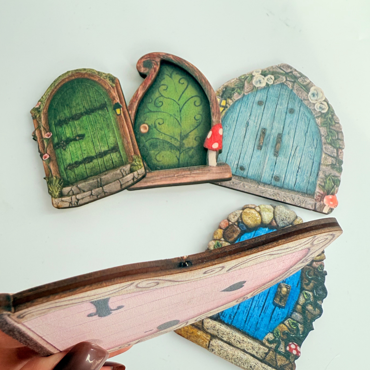 Whimsical iridescent Fairy Garden Cake Topper wooden fairy house doors product photo 2