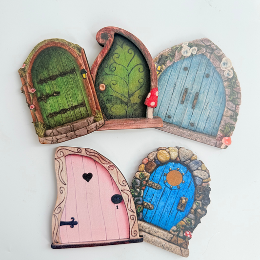 Whimsical iridescent Fairy Garden Cake Topper wooden fairy house doors product photo
