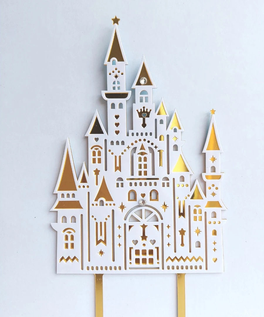 White and gold princess castle acrylic cake topper product photo 4