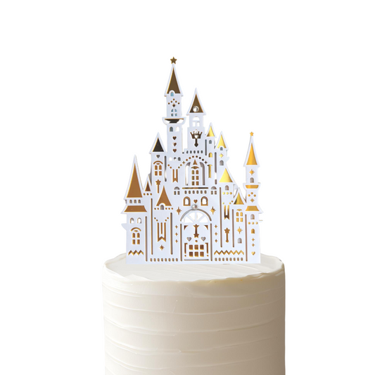 White and gold princess castle acrylic cake topper product photo